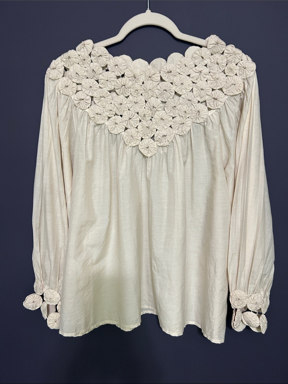 Mirth Cream Floral Crochet Yoke Long-Sleeve Blouse